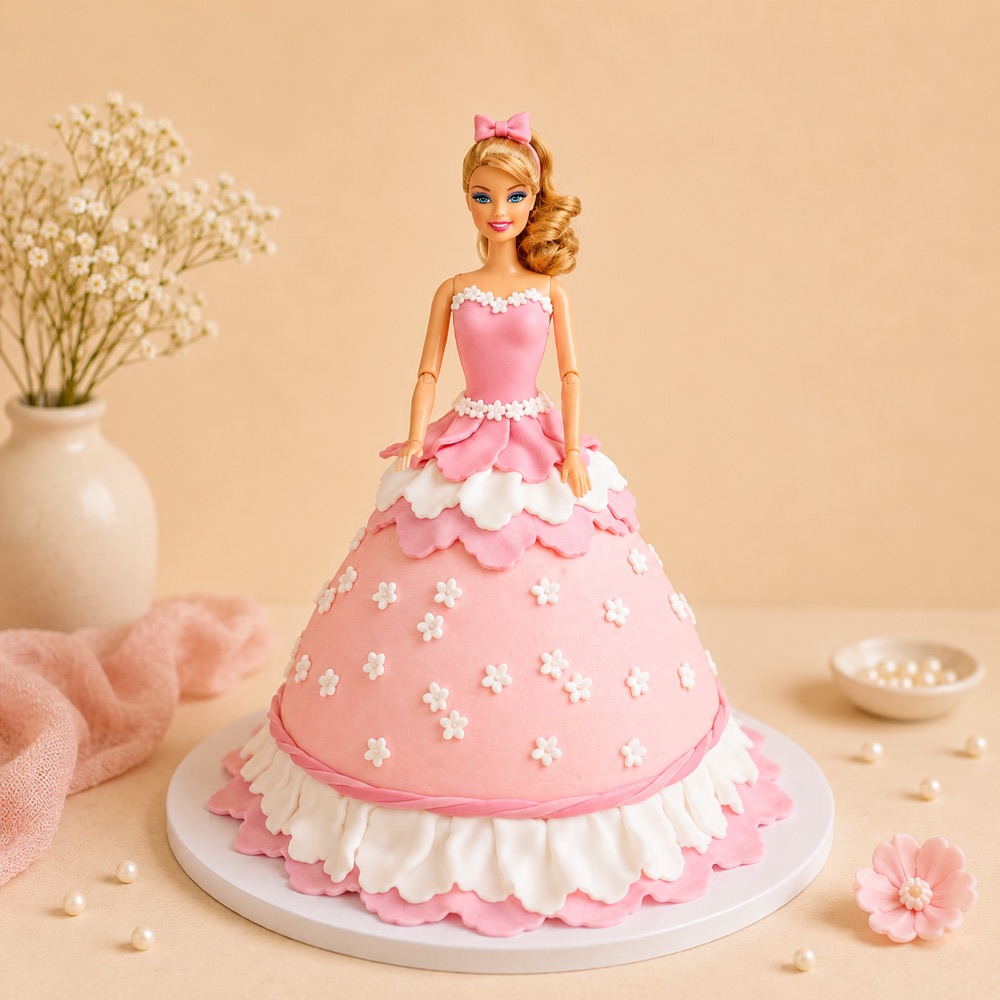 Barbie Doll Pink Floral Cake — Krispie's Hyderabad