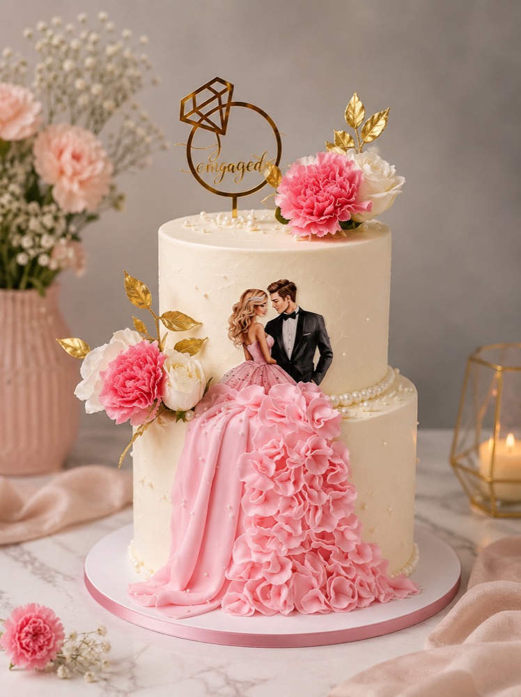 Romantic couple wedding cake with pink drape and floral topper — designer wedding cake Hyderabad